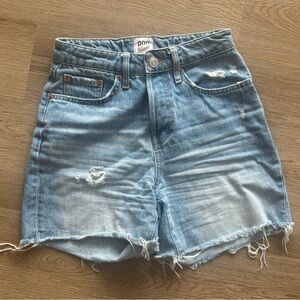 BDG Light Blue Frayed Hem Jean Shorts - Slightly Longer High Rise